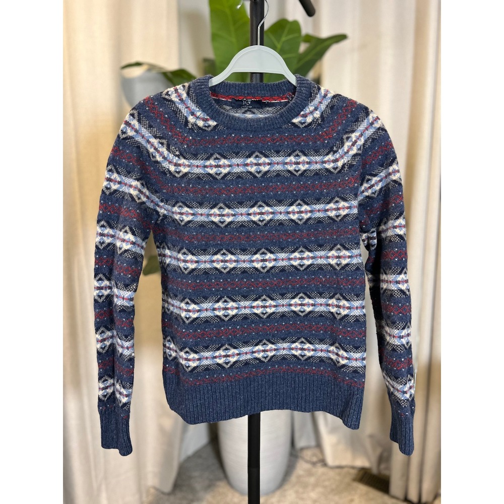 J.Crew Womens Blue Fair Isle Lambswool Crewneck Sweater Size S Navy Red Speckled